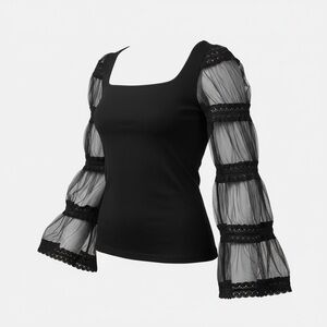 Anne Fontaine Black Sheer Lace Tiered-Sleeve Top